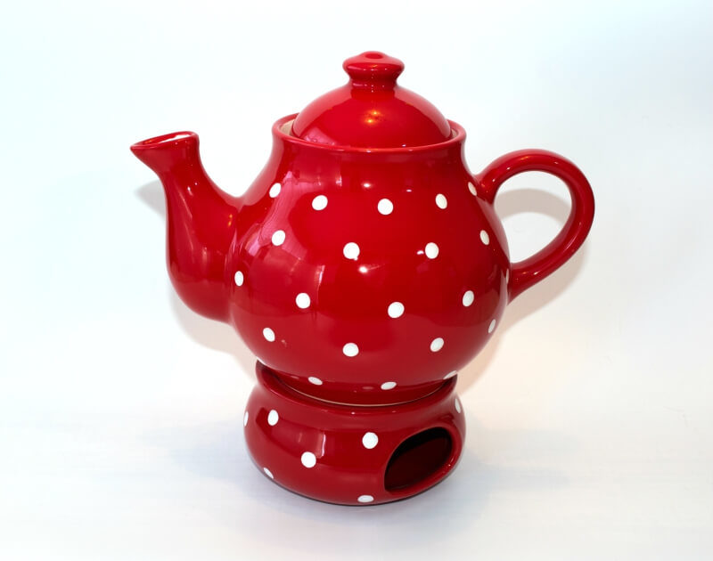Keramik Teekanne und Stövchen mit weißen Punkten