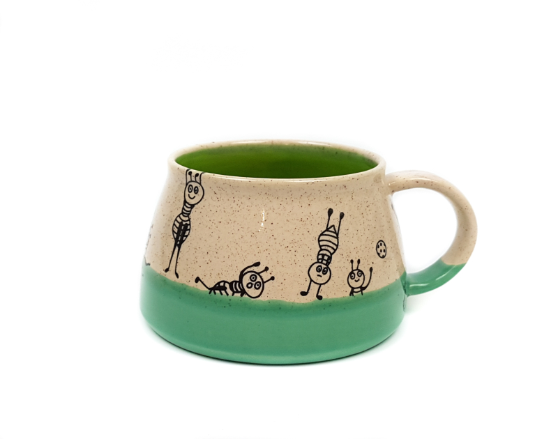 Keramik Tasse mit Ameisen (dunkelgrün/hellgrün) 0,4 L