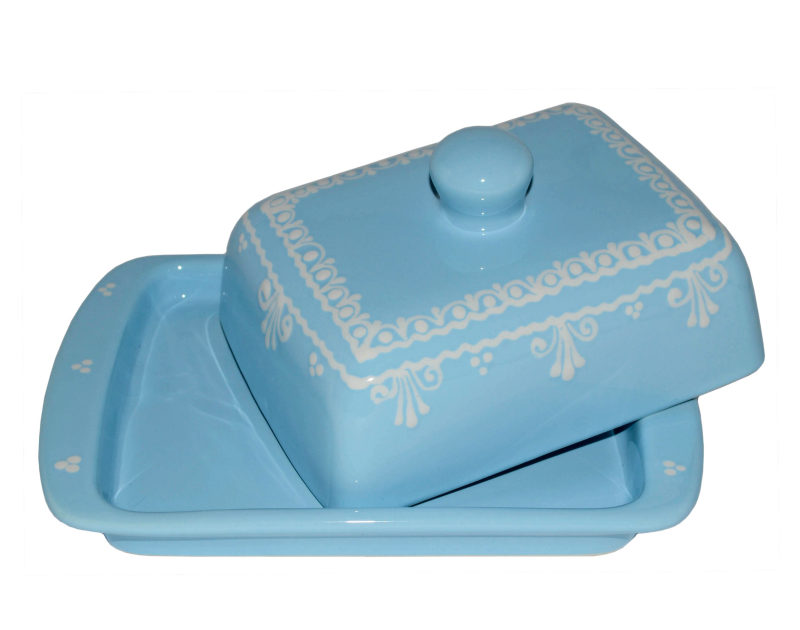 Keramik Butterdose hellblau mit Spitze 250 gr