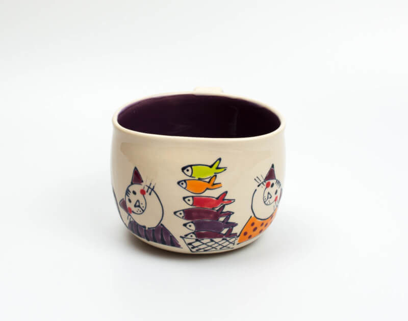 Lässige Keramik Tasse / Becher Violett Katze mit Fisch
