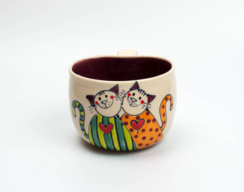 Lässige Keramik Tasse / Becher Violett Katzen mit Herzen