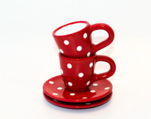 Keramik Mokkatassen mit Untertassen rot mit Punkten (klein)