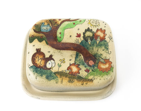 Keramik Butterdose mit Märchen (Igel und Eule) Muster
