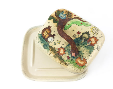 Keramik Butterdose mit Märchen (Igel und Eule) Muster