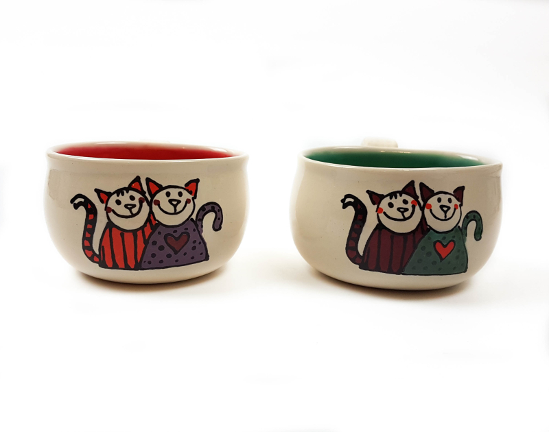 Lässige Keramik Espressotassen rot grün Katzen mit Herz