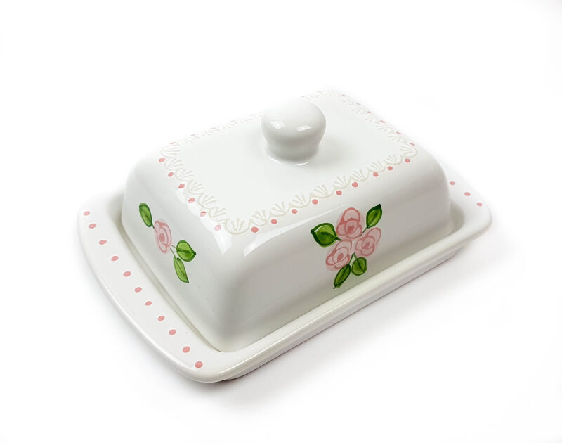 Keramik Butterdose weiß mit rosafarbenen kleinen Rosen und Spitze 250 gr
