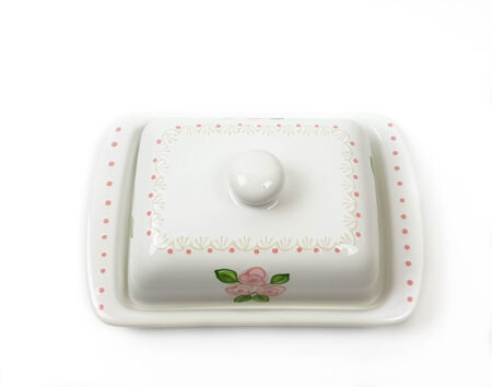 Keramik Butterdose weiß mit rosafarbenen kleinen Rosen und Spitze 250 gr