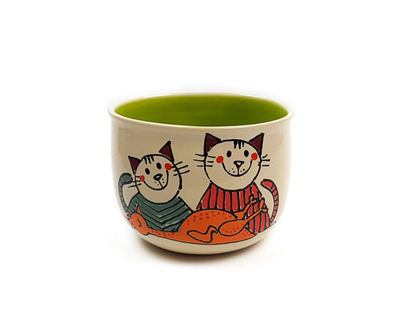 Lässige Keramik Tasse / Becher lime Katzen mit Brathähnchen