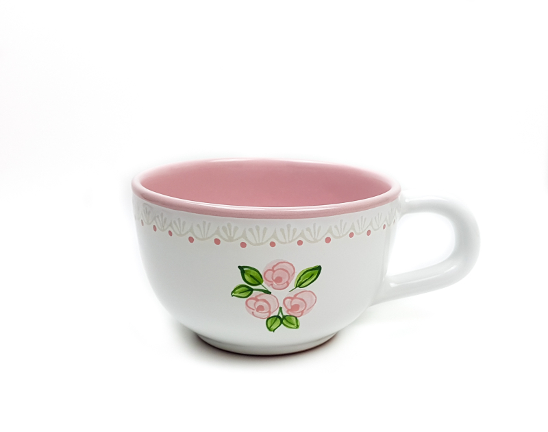 Keramik Jumbo Teetasse weiß mit rosafarbenen kleinen Rosen und Spitze (0,5 L)