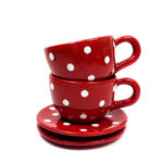 Keramik Kaffeetassen mit Untertassen rot mit Punkten