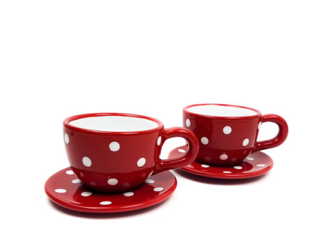Keramik Kaffeetassen mit Untertassen rot mit Punkten