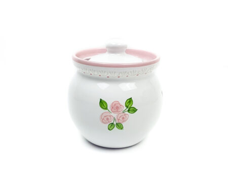 Keramik Honigtopf weiß mit rosafarbenen kleinen Rosen und Spitze