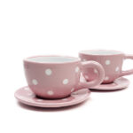 Keramik Kaffeetassen mit Untertassen rosa mit Punkten