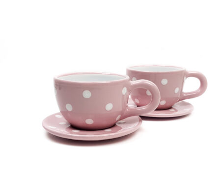 Keramik Kaffeetassen mit Untertassen rosa mit Punkten