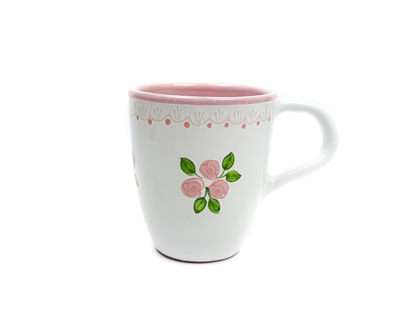 Keramik Kaffeebecher weiß mit rosafarbenen kleinen Rosen und Spitze